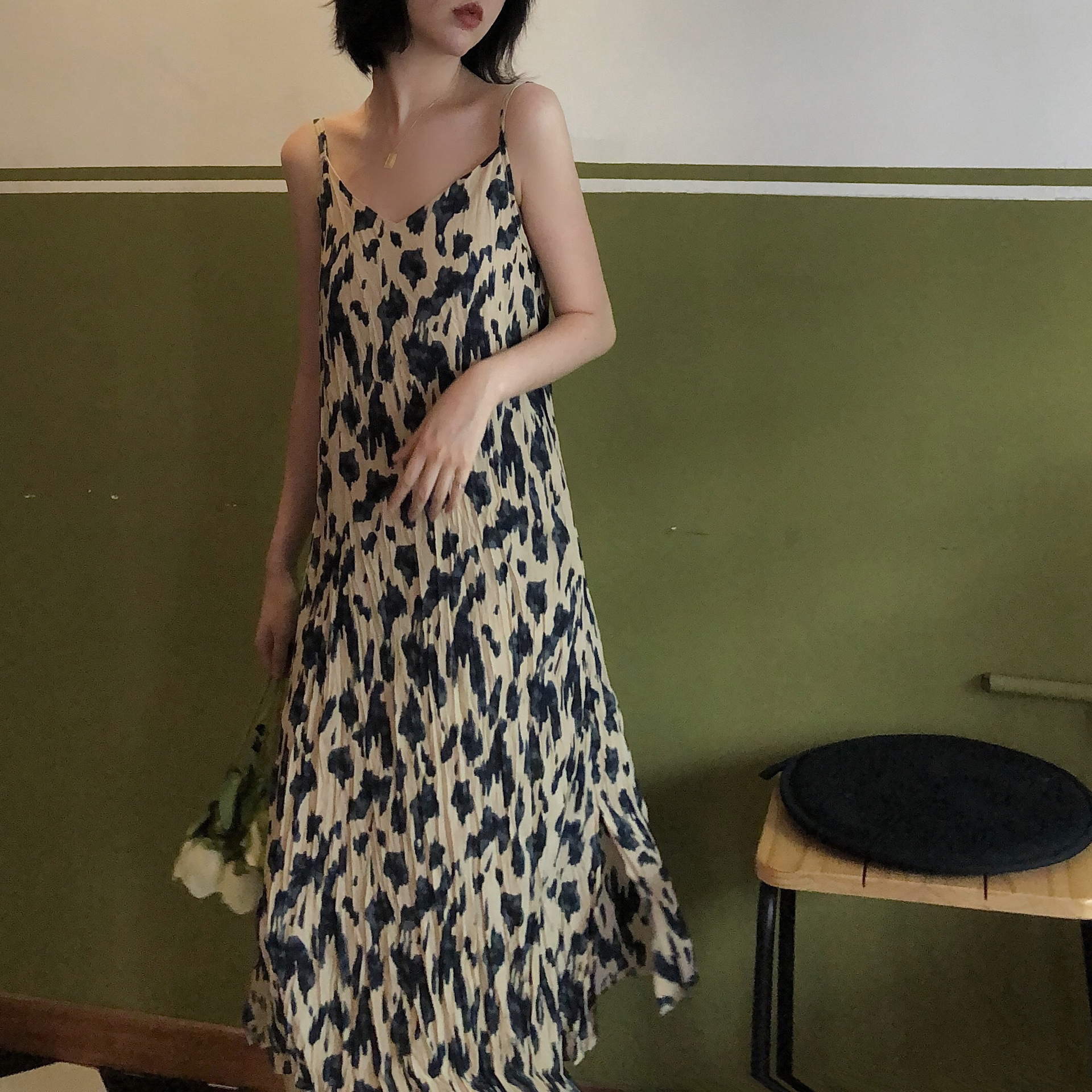 2020新款豹纹吊带裙女夏季开叉连衣裙长款打底裙背心裙子雪纺长裙