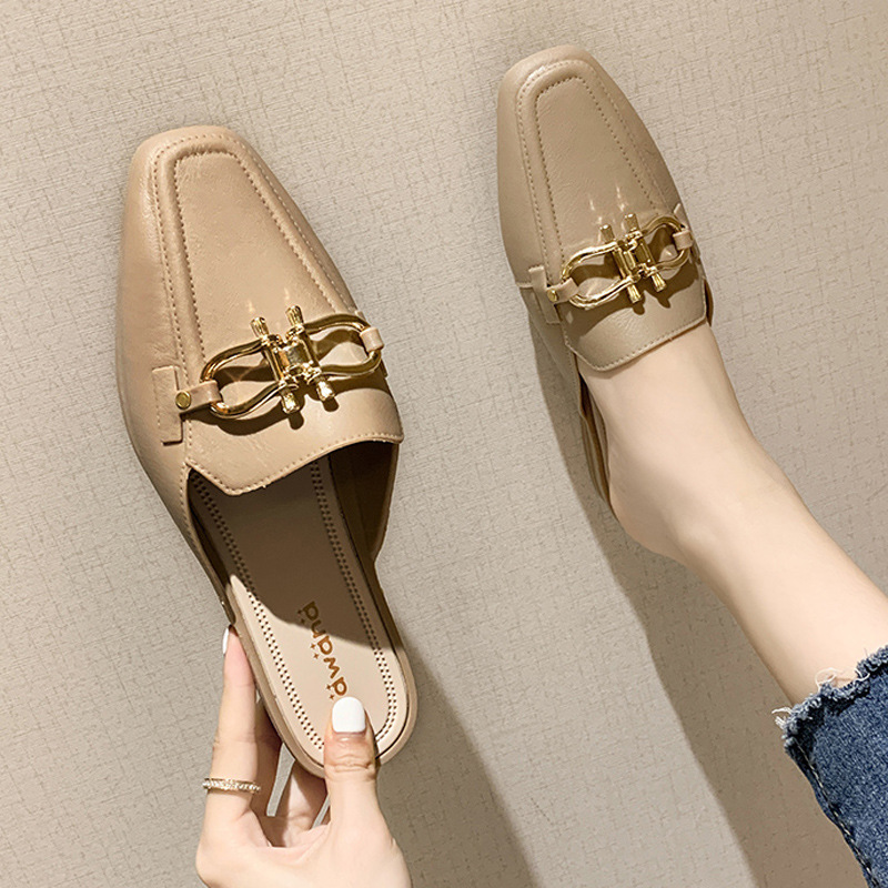 拖鞋女外穿欧美时尚扣子低跟凉拖鞋包头半拖乐福鞋韩版懒人一脚蹬