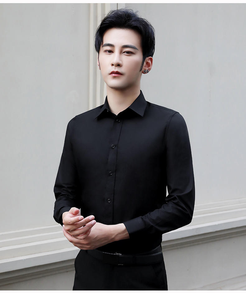 黑色纯棉男士衬衣上班簇商务休闲职业正装工作黑白色衬衫