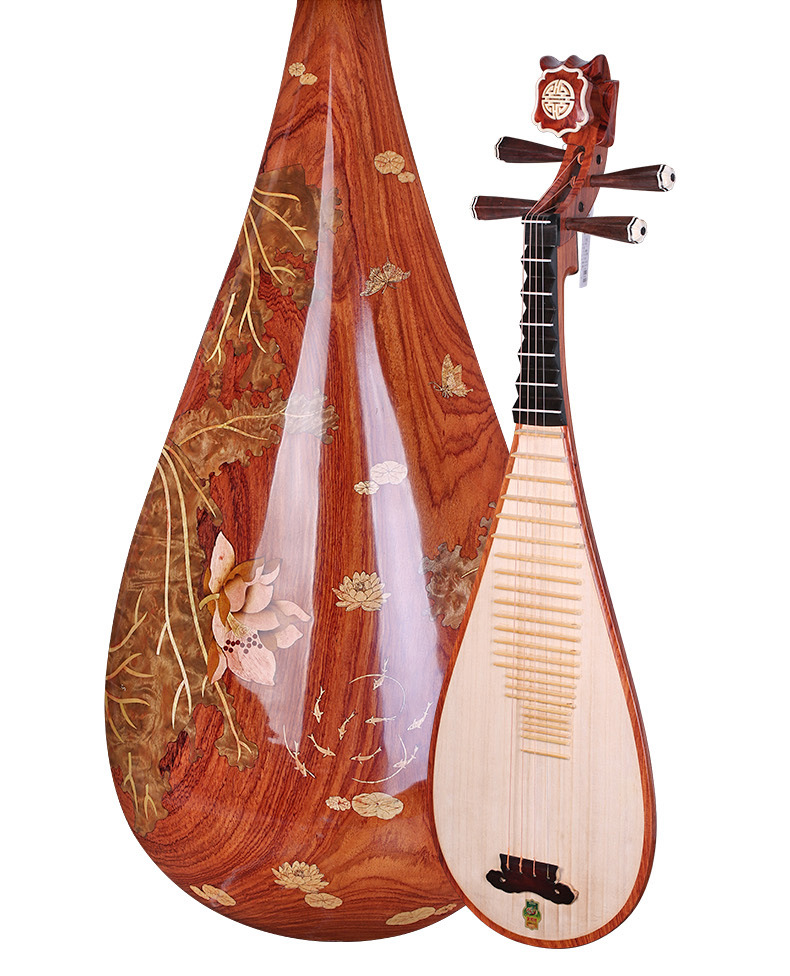 敦煌牌545清水式如意头琵琶缅酸枝背板荷花图老红木相轸敦煌琵琶