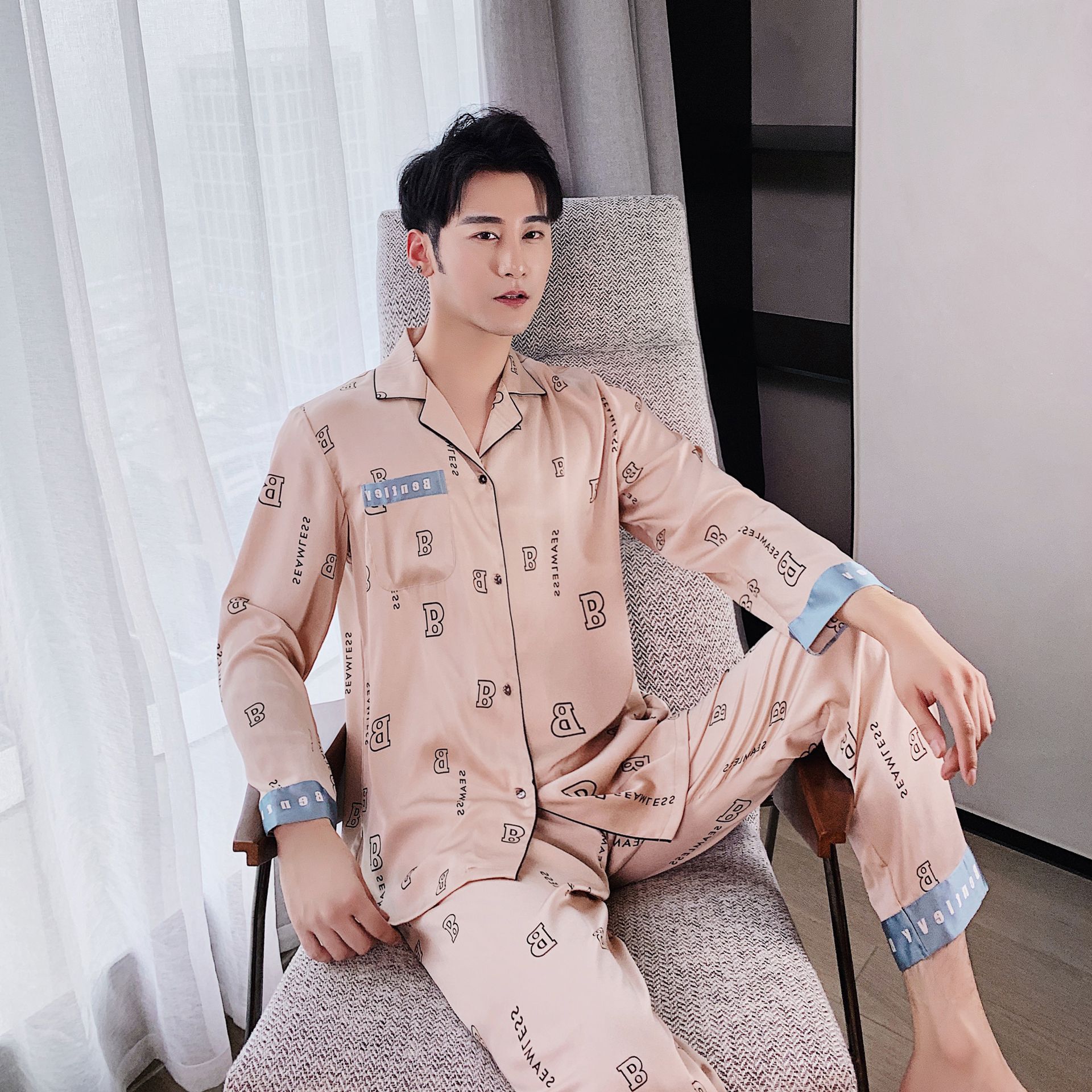男士睡衣春秋季长款套装抖音网红同款真丝绸家居服大牌风韩版奢华