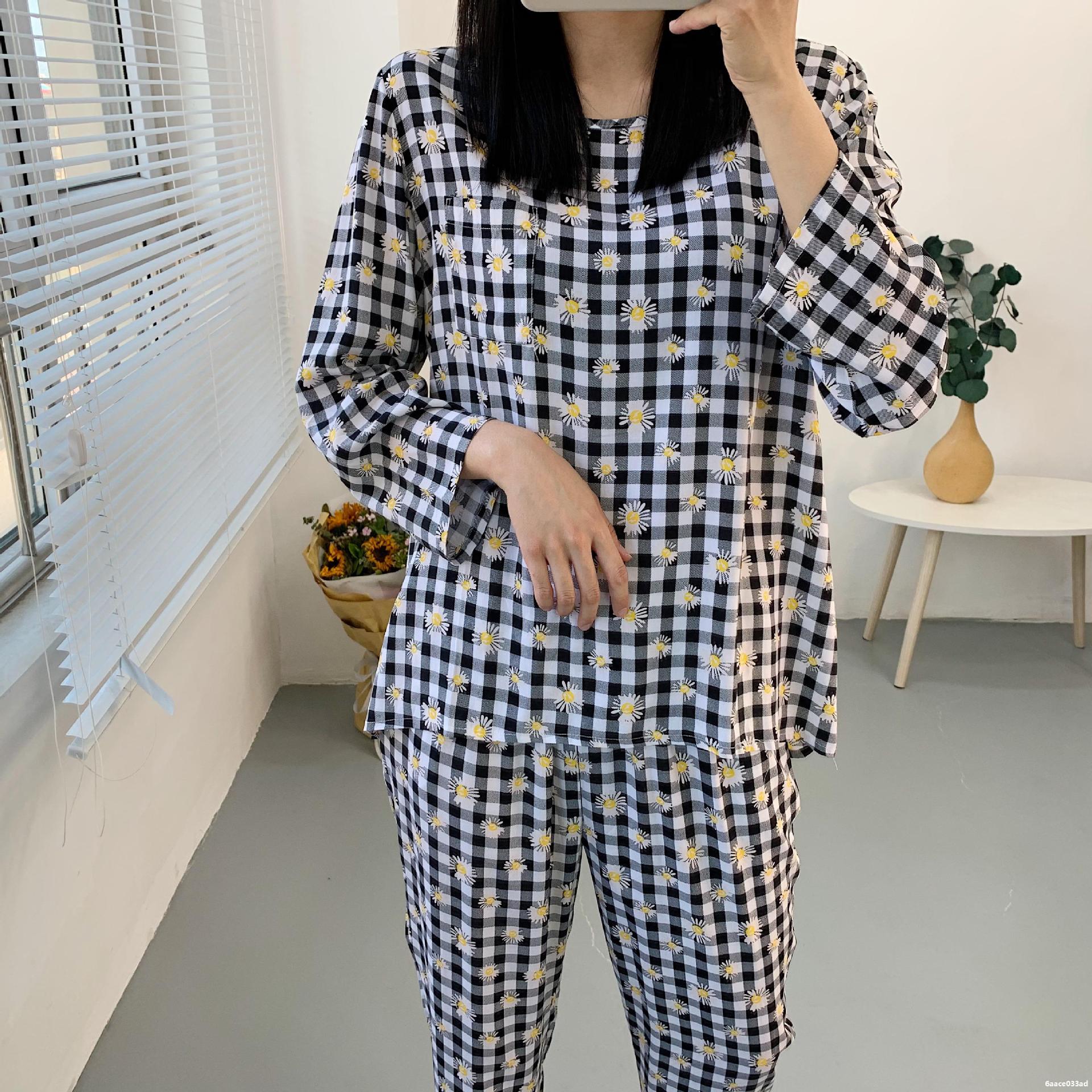 2020夏季女棉绸长袖套装宽松长裤两件套薄款人造棉家居服月子服