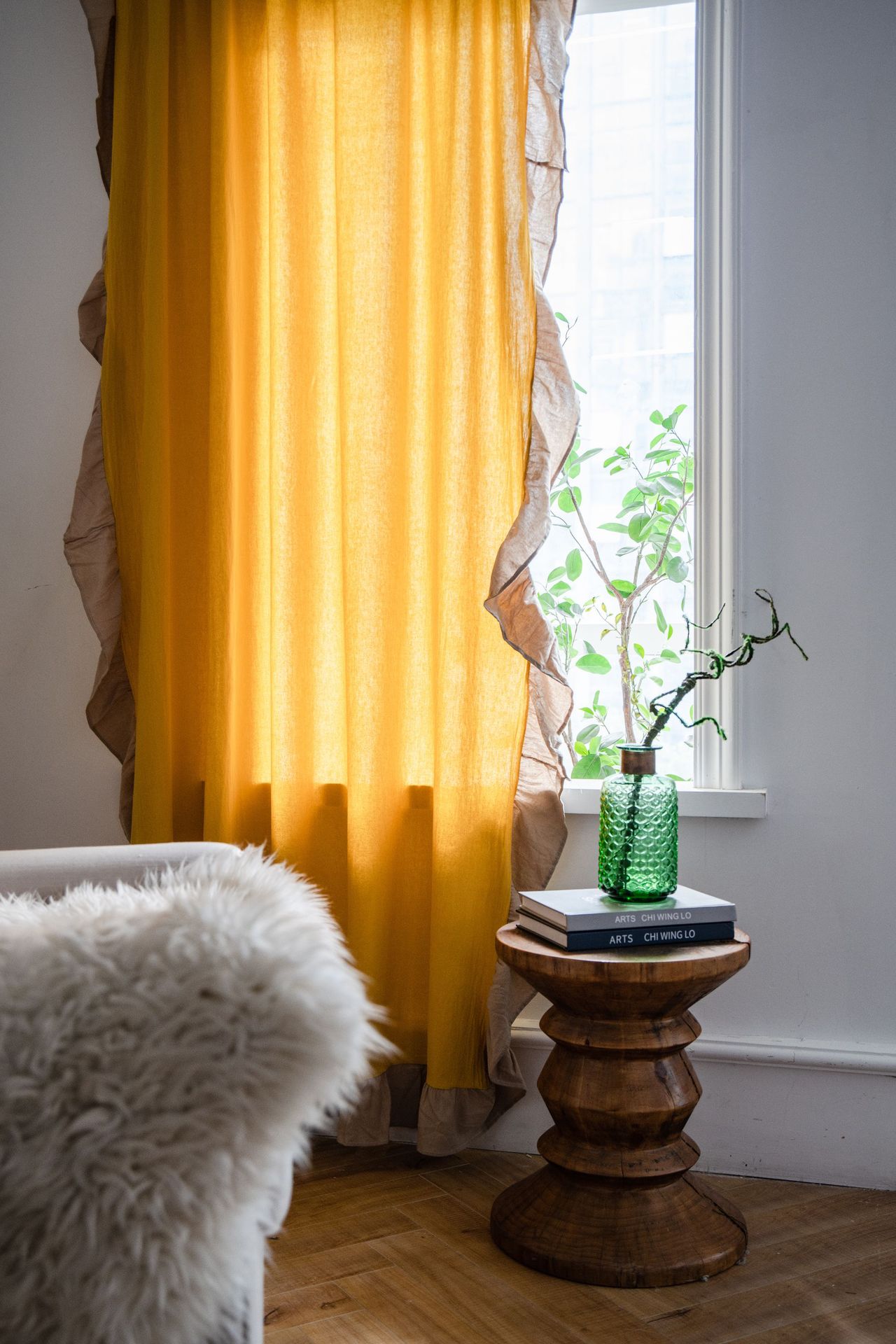 伊缦琪韵荷叶边撞色黄色法式小窗厨房帘半遮光窗帘