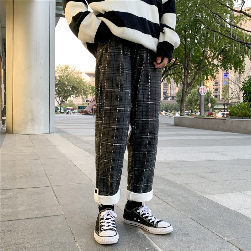 港风ins网红格子休闲裤男直筒宽松加厚毛呢西装裤秋冬季潮牌长裤