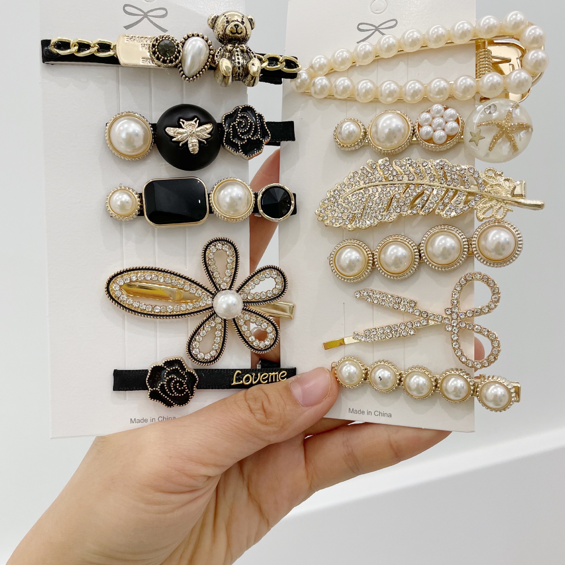 韩国东大门小熊发夹5件套复古小香风重工发饰套装镶钻珍珠边夹