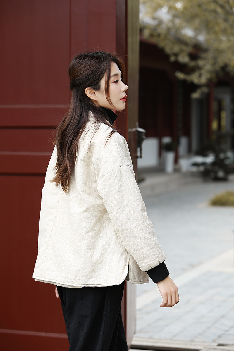 2020冬棉麻女装小暖 砂洗亚麻刺绣复古短款小棉衣棉服3色 特