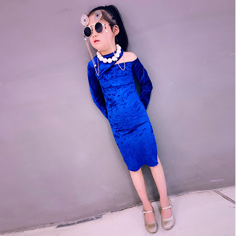 童装初秋新款女童斜肩弹力包臀裙修身连衣裙儿童走秀款时尚潮款