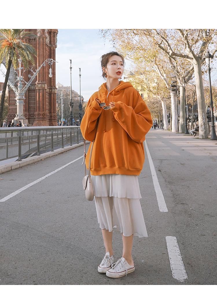 实拍oversize韩系甜美橘色连帽宽松显瘦大版休闲蝙蝠袖套头卫衣女