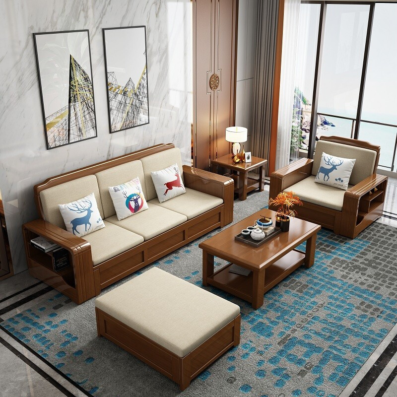 实木沙发组合客厅冬夏两用多功能大小户型转角l型贵妃带储物沙发