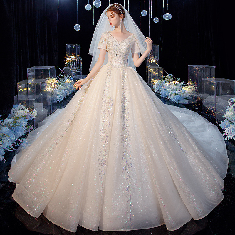 高档v领婚纱2020新款气质新娘高腰星空拖尾一字肩森系超仙梦幻轻