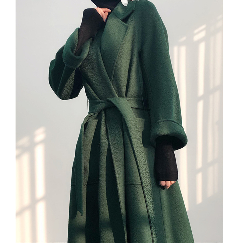 传世之作定染奢华祖母绿色水波纹双面羊绒大衣女羊毛呢外套