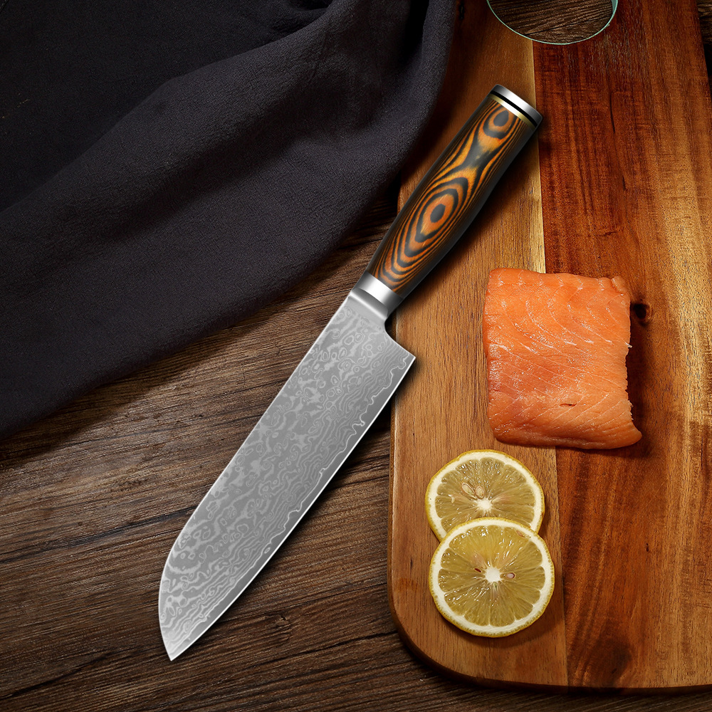 大马士革钢 跨境7寸日式厨师刀厨房切菜刀棕色彩木柄料理刀