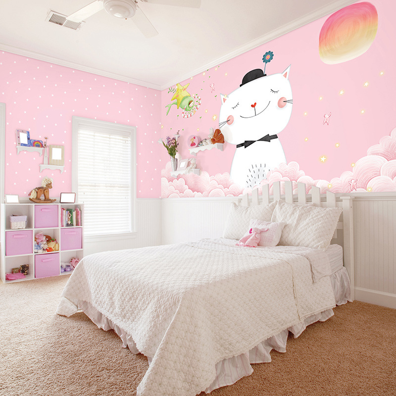 儿童房墙纸可爱猫公主梦主题壁纸卡通女孩卧室背景墙个性定制壁画