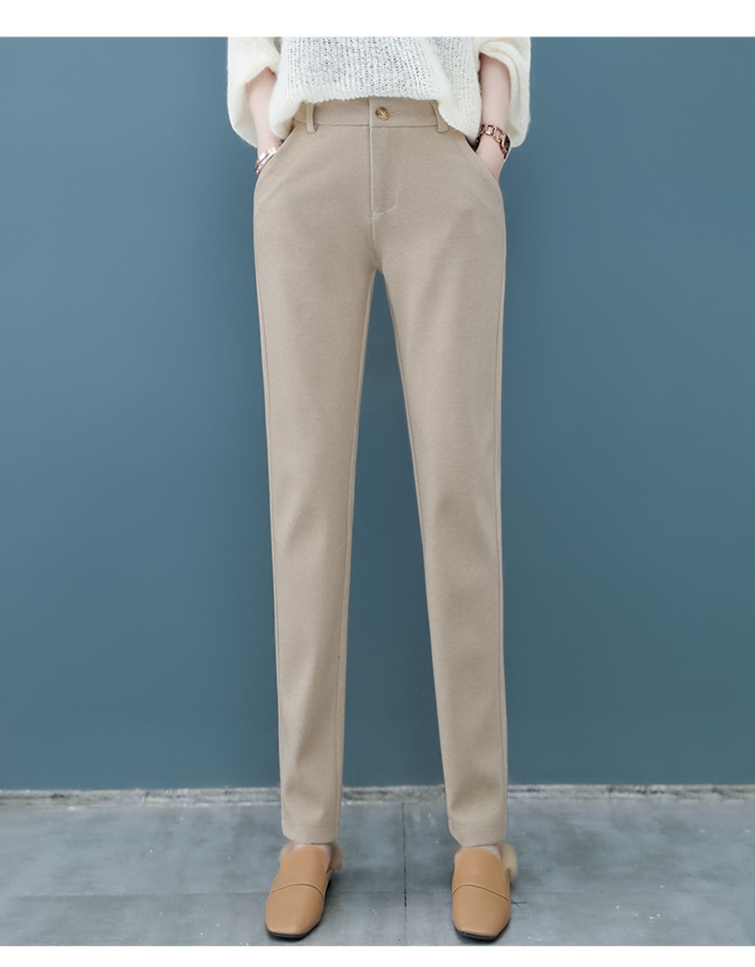 加绒人字纹毛呢哈伦裤女秋冬2020新款显瘦百搭裤子直筒休闲烟管裤