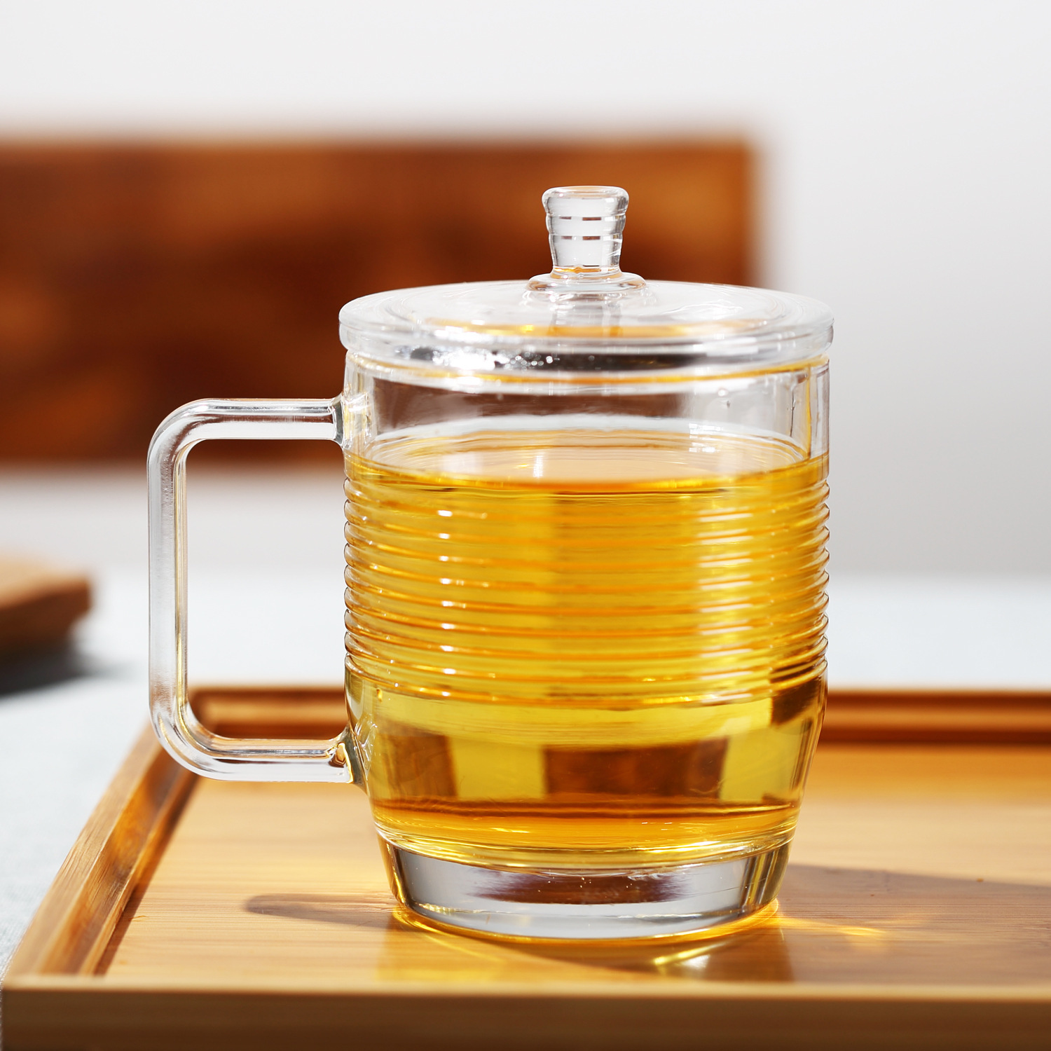 青苹果品尚茶饮杯带盖玻璃杯透明带把水杯办公杯绿茶杯ez1029