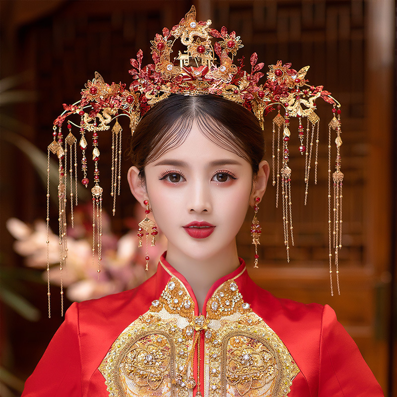 新娘秀禾服头饰女奢华流苏古装套装中式凤冠结婚新款大气婚礼发饰