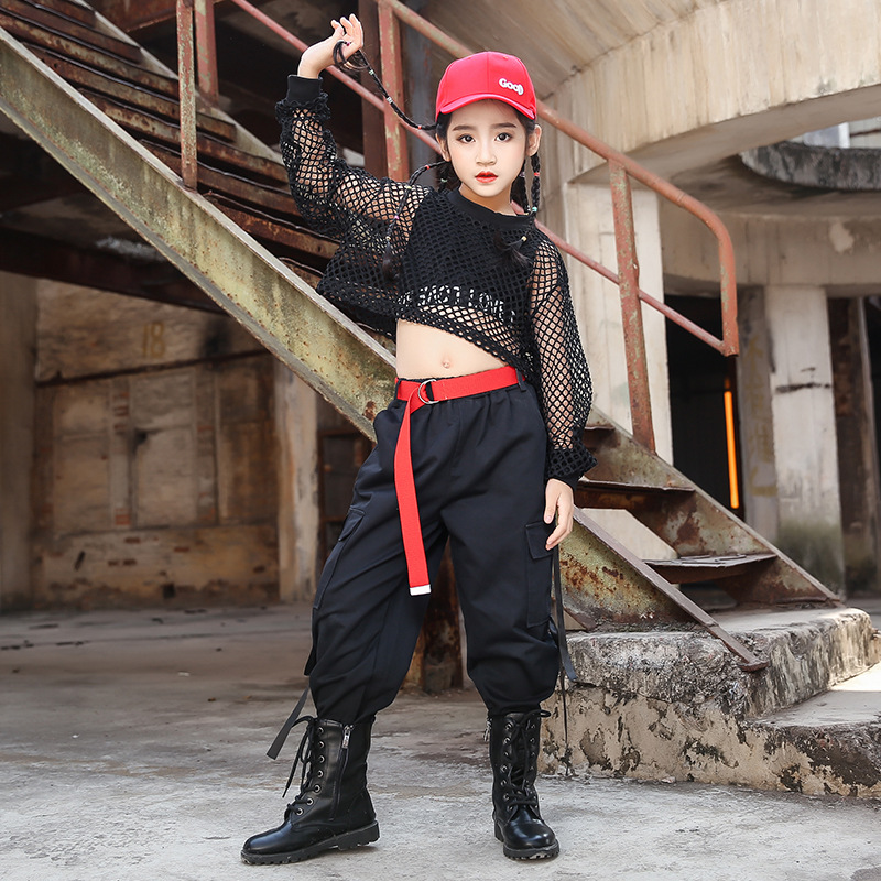 儿童街舞套装女孩嘻哈hiphop工装裤jazz露脐衣服女童爵士练功服潮