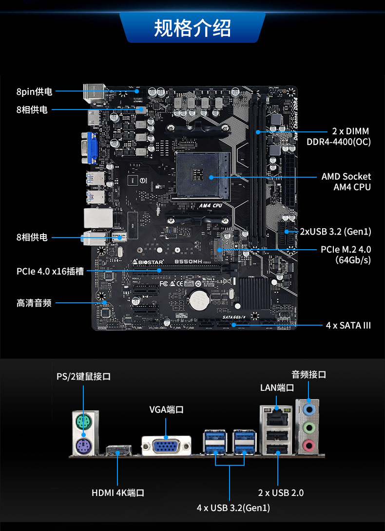 biostar/映泰b550mh主板支持锐龙三代处理器8项供电游戏电竞小板