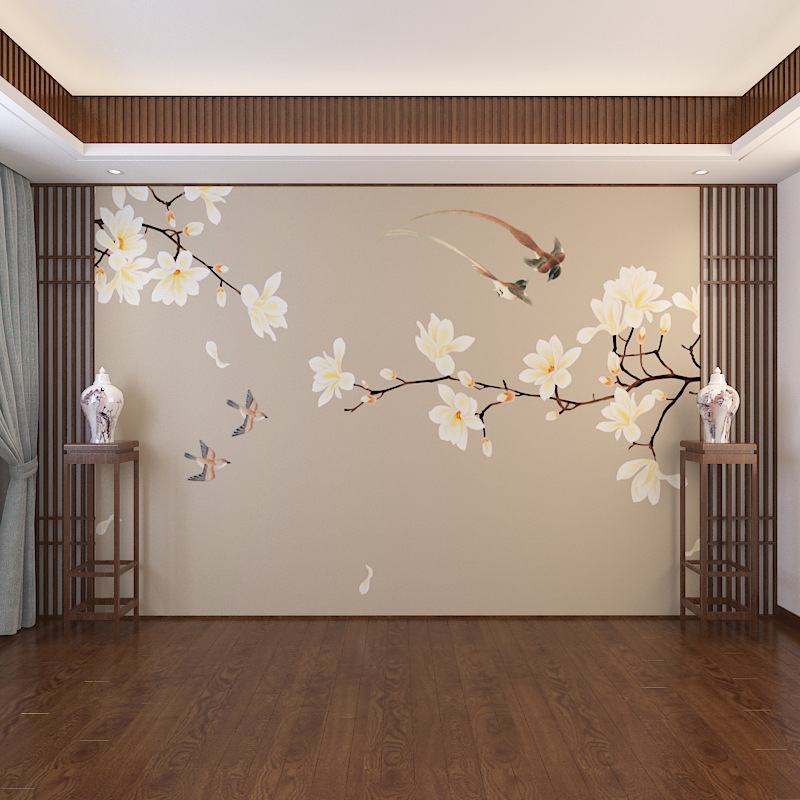 中式墙布电视背景墙云玉兰花鸟卧室客厅沙发影视墙纸无缝素雅壁画