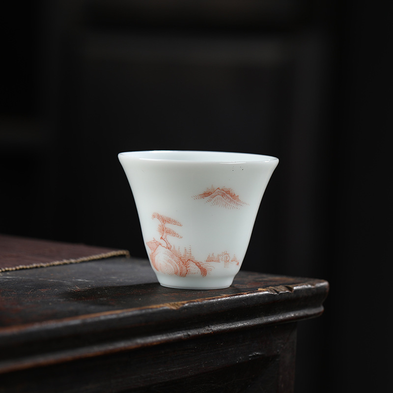 釉上玉泥玉瓷青花山水小茶杯单杯 景德镇手工品茗杯 功夫茶具