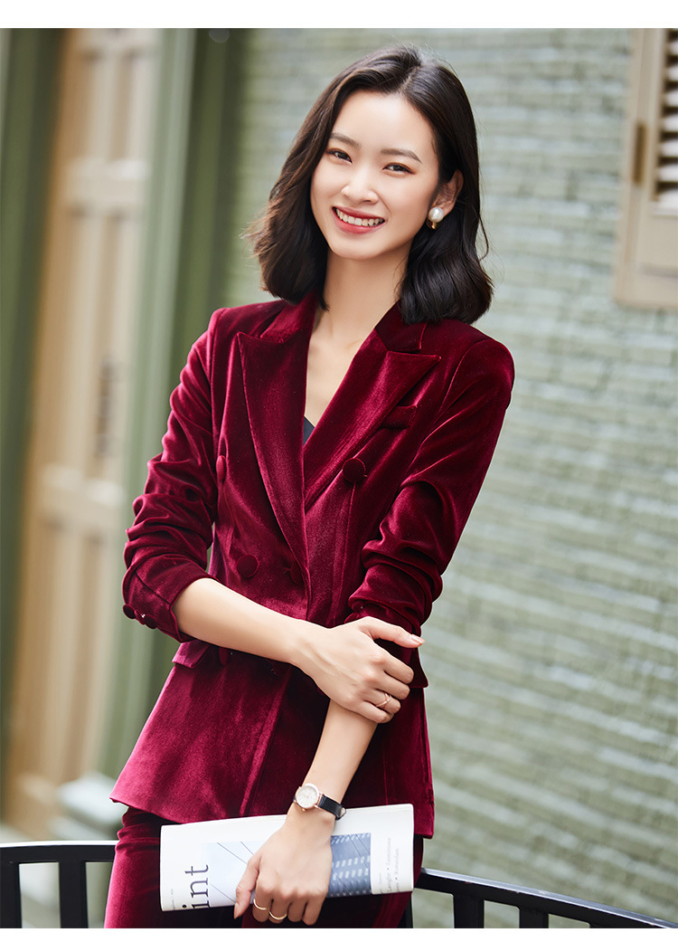 酒红色金丝绒小西装外套女秋冬韩版英伦风时尚炸街西服职业套装新