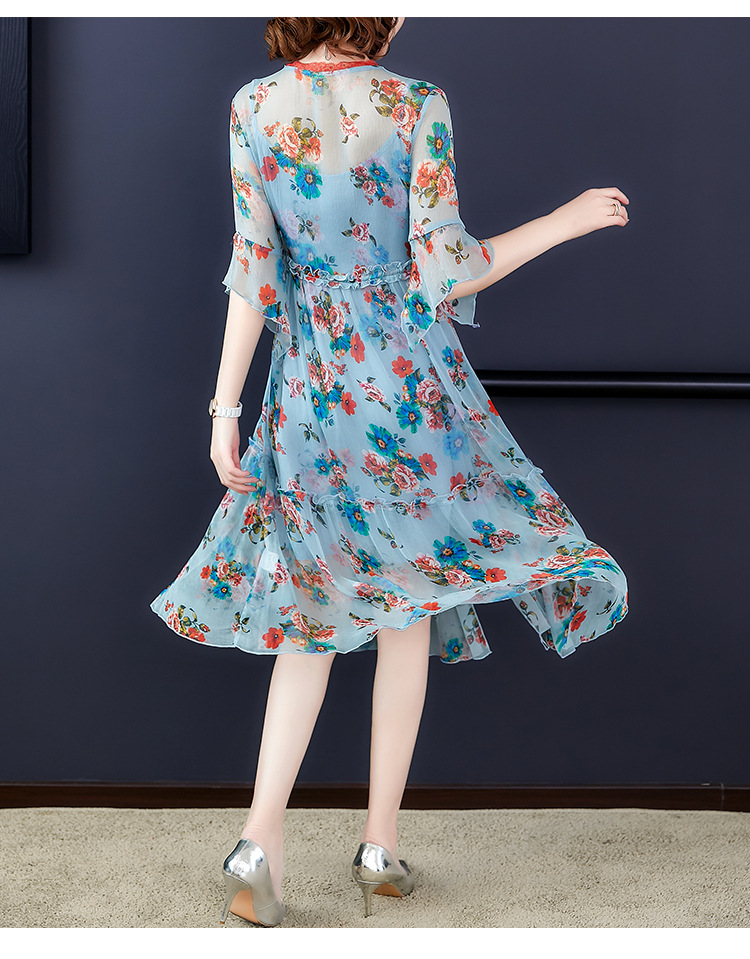 夏装新款修身气质飘逸真丝桑蚕丝v领时尚碎花连衣裙(货号 yh927360)