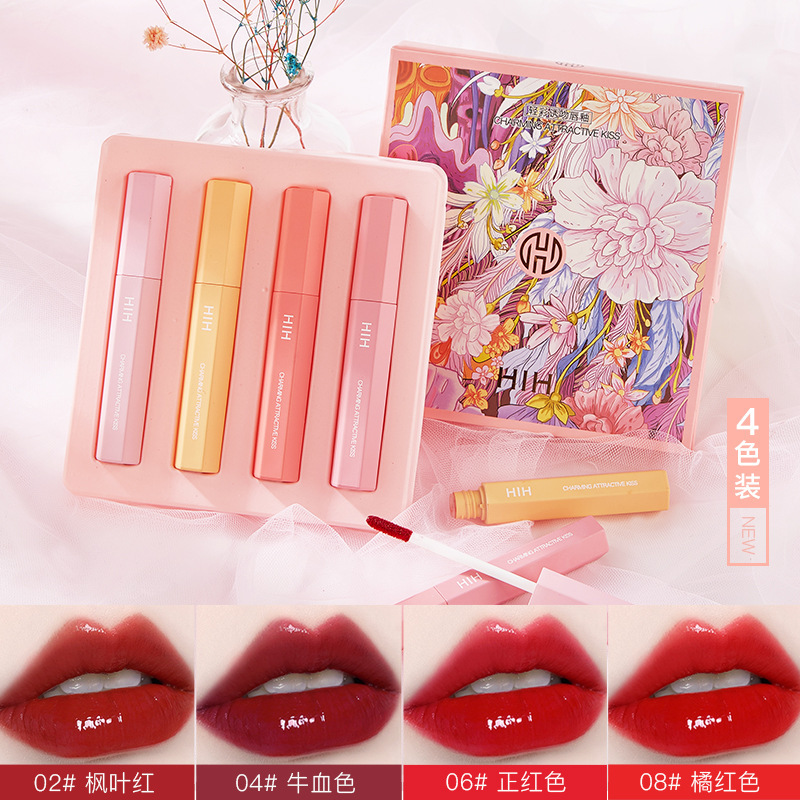 Hih Lip Glaze Set Lipstick Women's Velvet Matte Finish Lip Gloss and Lip Gloss Long-Lasting Moisturizing Cheap Student Gift Box