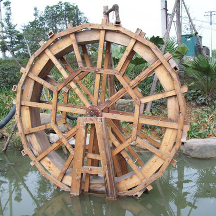 风水轮流摆件户外景观假山大型实木木质脚踩手摇水车防腐木