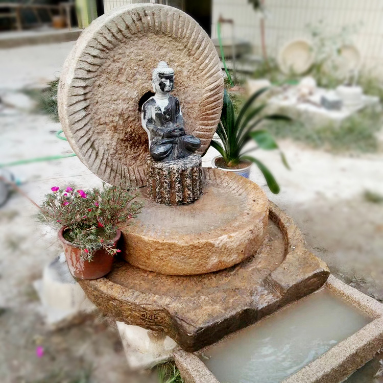 老石槽磨盘水景石雕流水旧石器别墅花园旧石器石磨组合流水摆件
