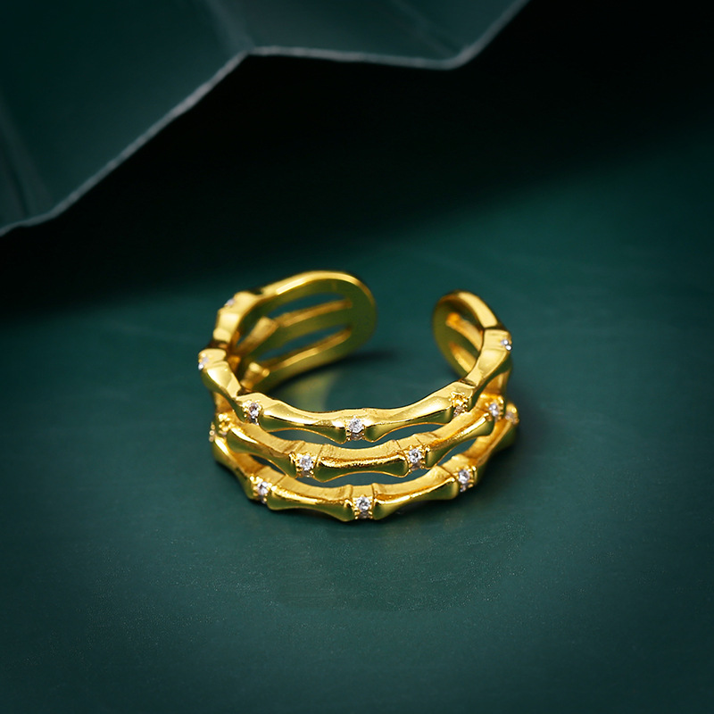 镀金14k黄金色 中国风竹节镶钻锆石女式戒指