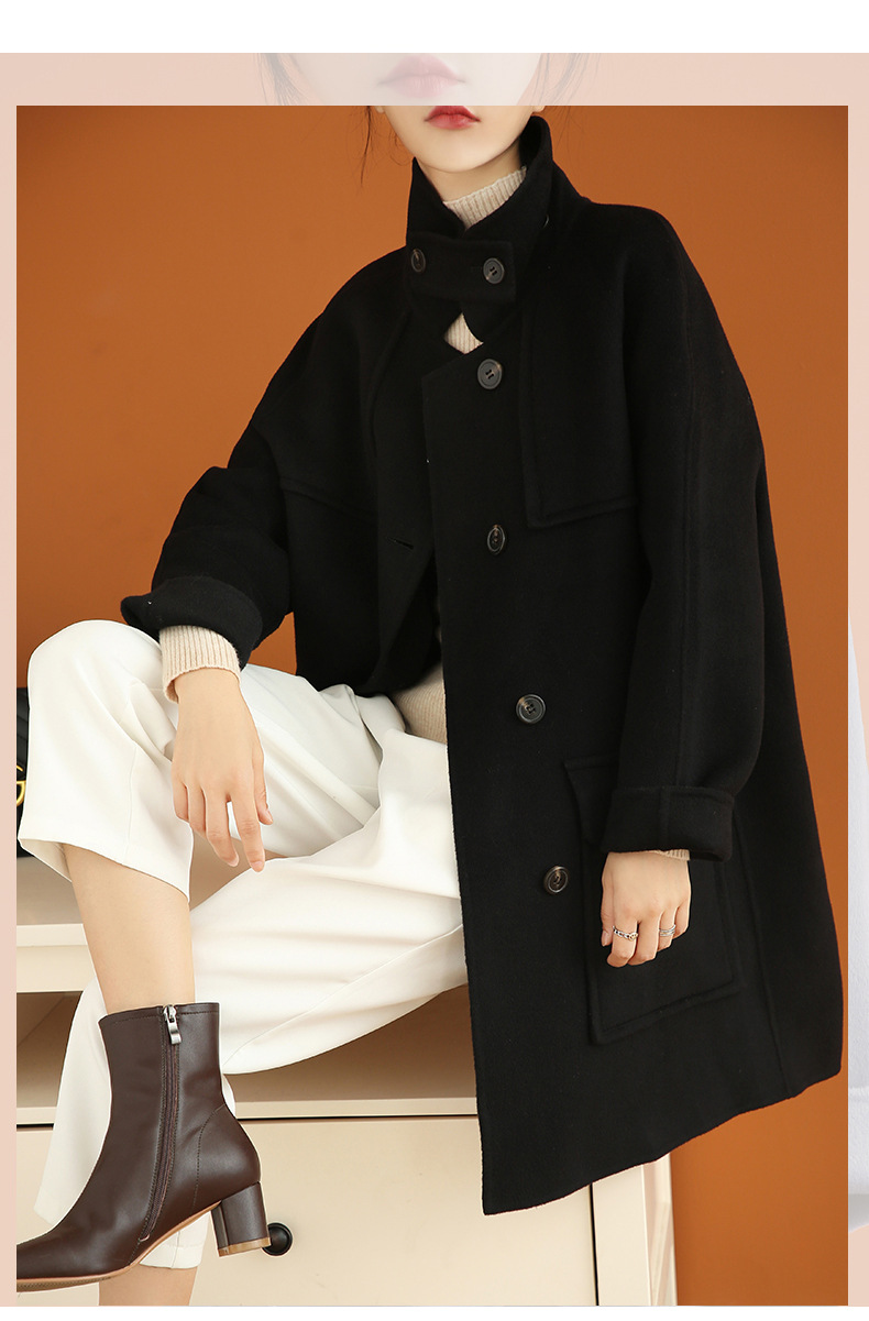 跨境2020秋冬新款双面毛呢大衣女装长款韩版宽松纽扣羊毛呢外套女