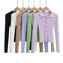 20122-20秋款 韩版修身款净面翻领坑条单排扣长袖针织开衫 外套