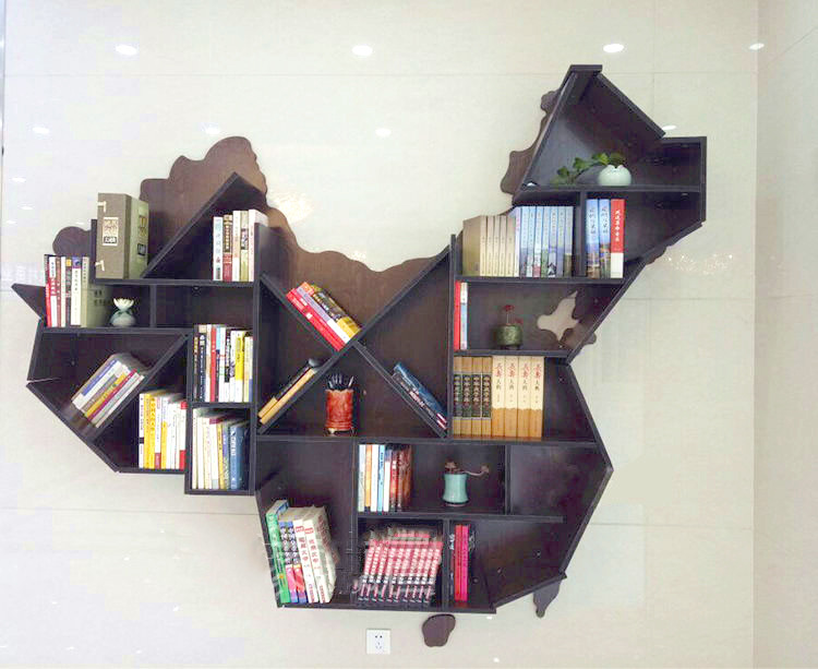中国地图造型书架置物架图书馆创意墙上书柜公司办公室背景墙展示