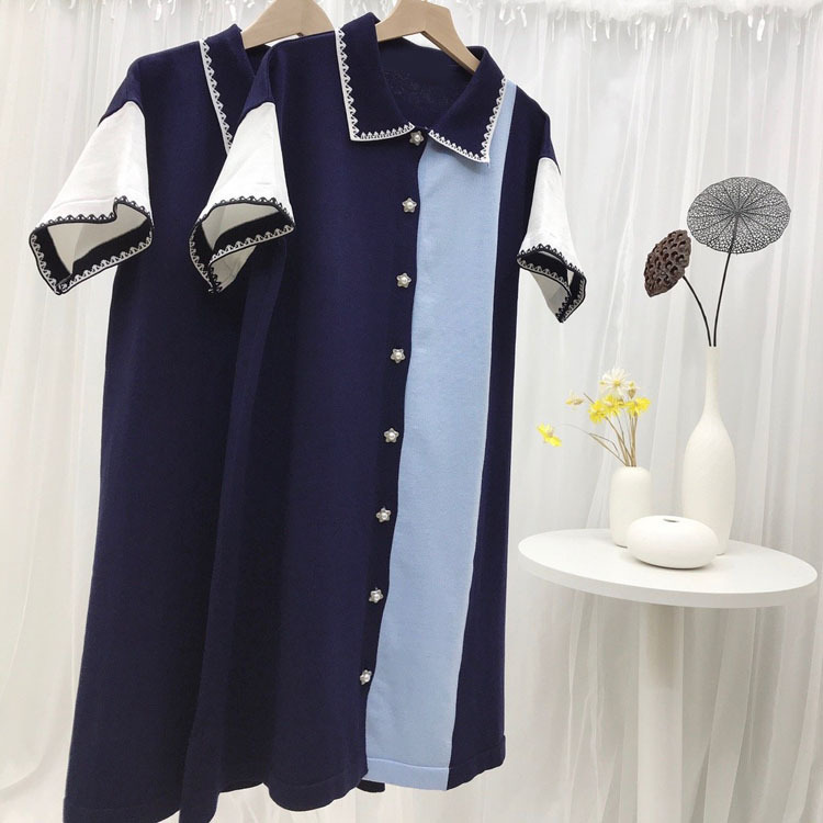 冰麻针织面料!夏季新款女士拼色韩版宽松短袖连衣裙