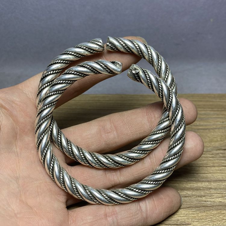 仿古古玩明清苗银藏银三股实心老银匠开口手镯银绞丝银镯子女手环
