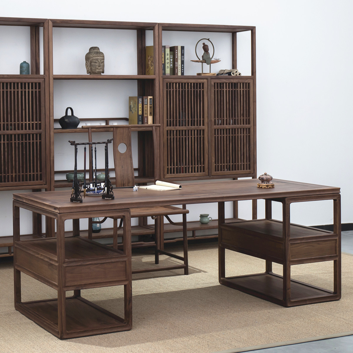 新中式书桌实木禅意书房画案榆木办公桌黑胡桃书法桌书画桌家具