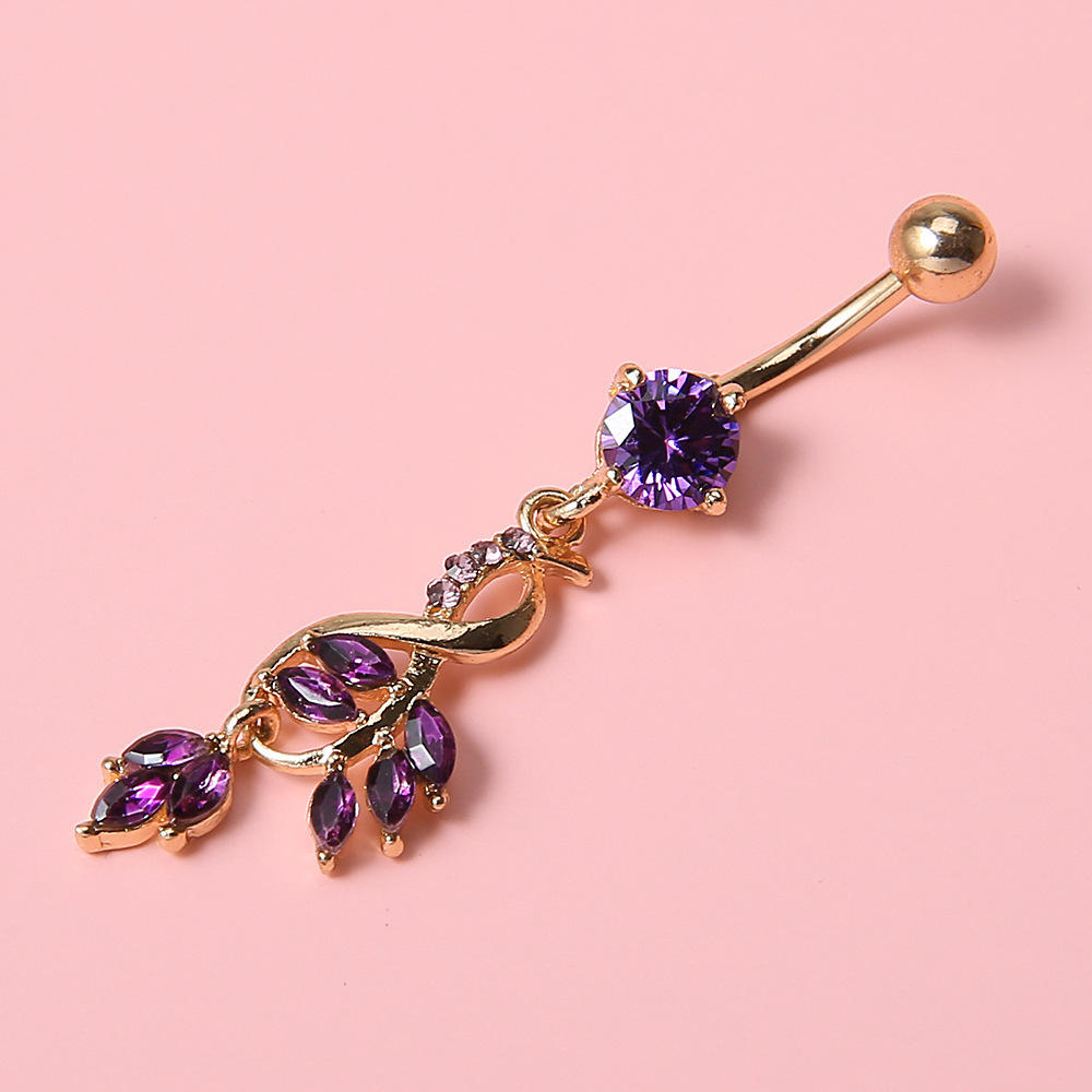 韩版叶子满钻肚脐环 高端花形镶钻肚脐钉 人体穿刺饰品 肚脐环扣