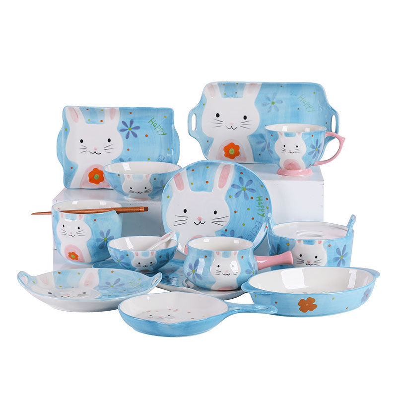 New Unicorn Creative Cute Ceramic Tableware Nice Baby Rice Bowl Breakfast Cup with Lid Noodle Bowl Household Dinner Plate