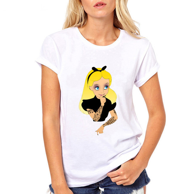 欧美外贸2019新款时尚朋克公主白雪公主印花女士半袖打底衫