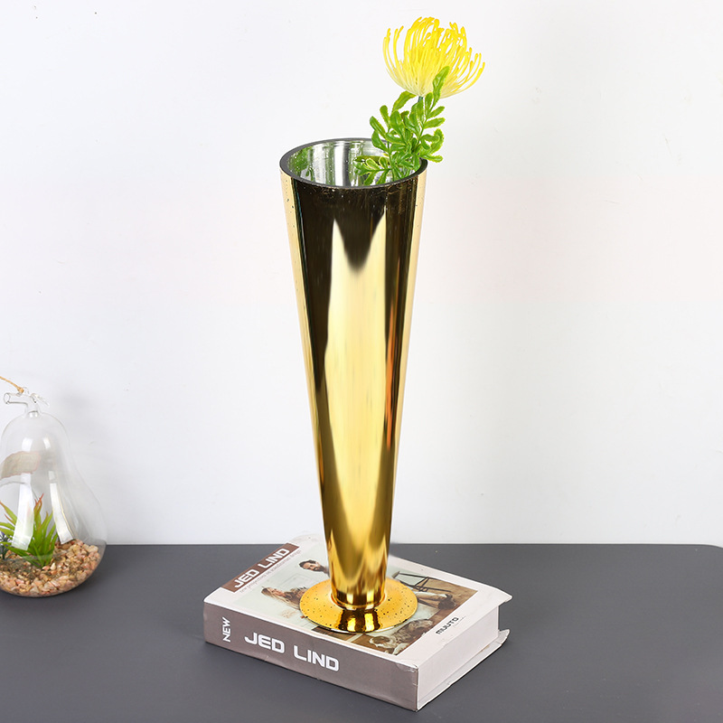 厂家整箱批发婚庆引路透明金色梯形高脚玻璃花瓶创艺水培个性摆件
