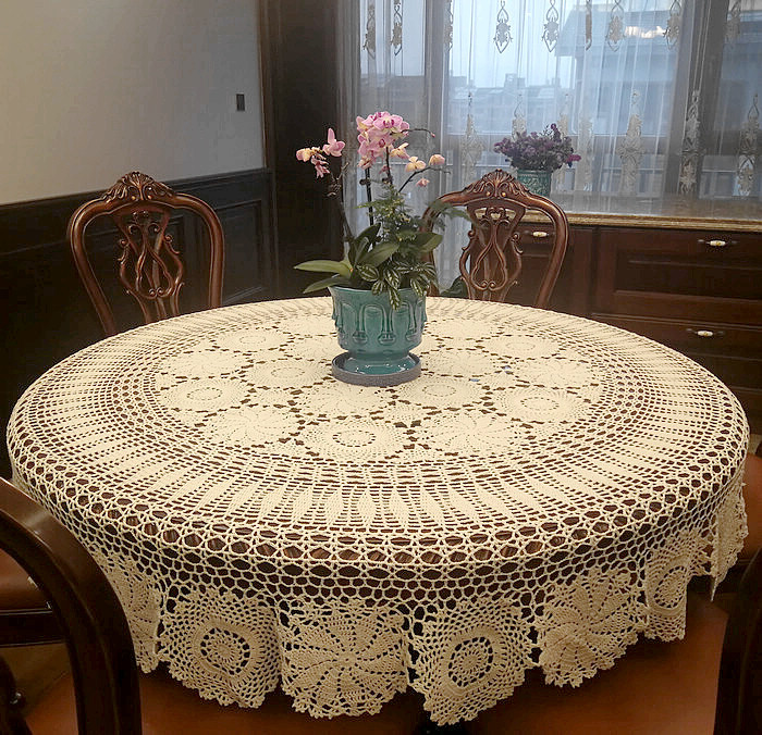 亚马逊手工钩针钩花美式中式餐桌布怀旧纯棉编织台布圆形白米色