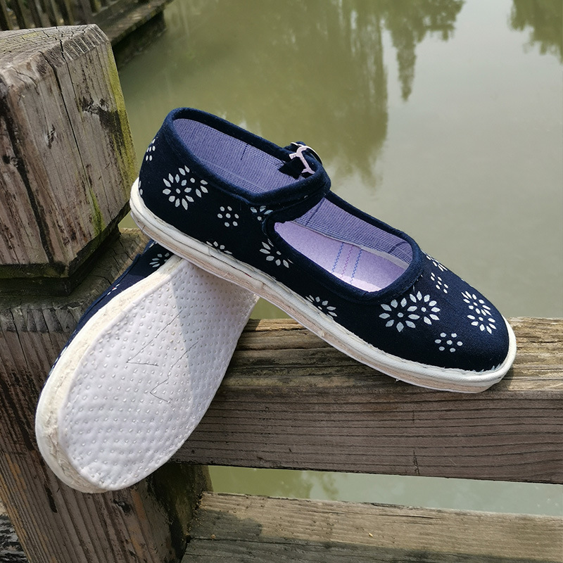 乌镇纯手工蓝印花布鞋 老北京菊花复古女鞋千层底布鞋透气