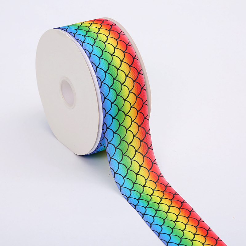 Cross-Border 7.5cm Koi Scale Pattern Printed Ribbon Thickened Polyster Ribbon Ribbon Gradient Mixed Color Thread Belt