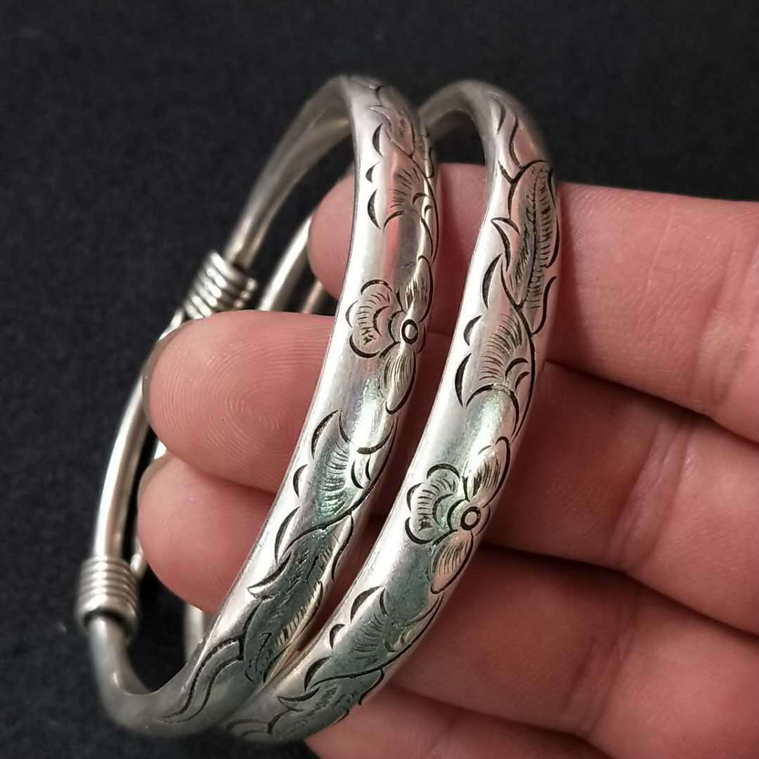批发藏银苗银手镯 复古民族风福禄寿足银手镯 工艺品 一件代发