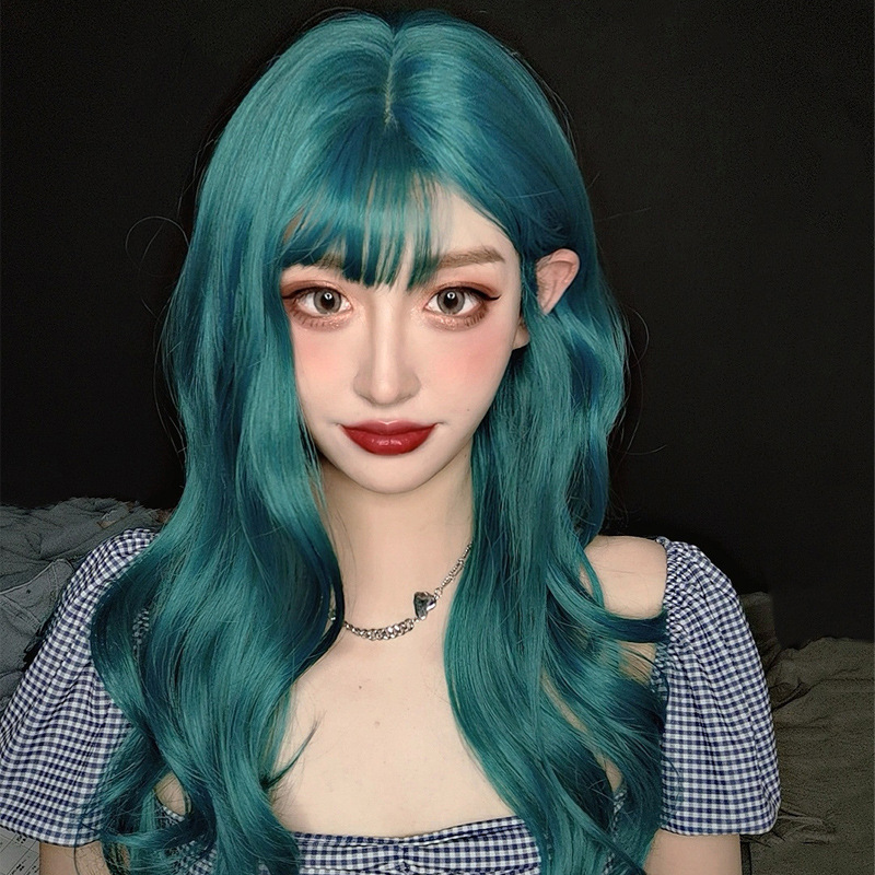 绿色假发女中长卷发时尚空气刘海蓝绿色lolita波浪短卷发修
