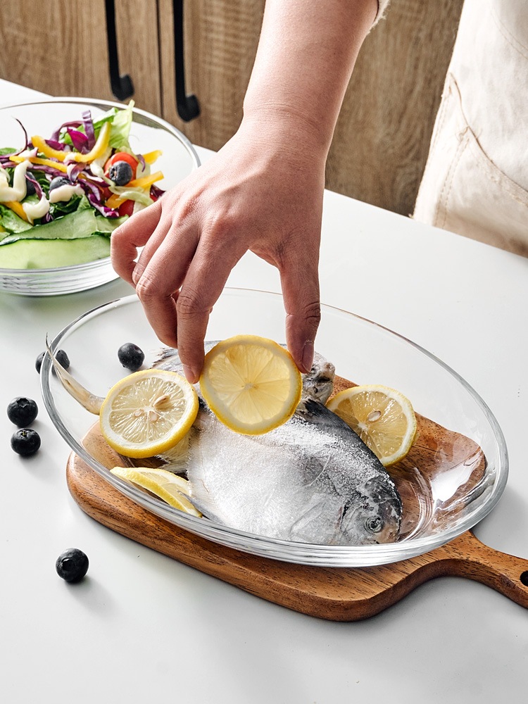 鱼盘子厨房钢化玻璃盘烤盘水果沙拉盘沙拉碗钢化碗鱼盘菜盘可进微