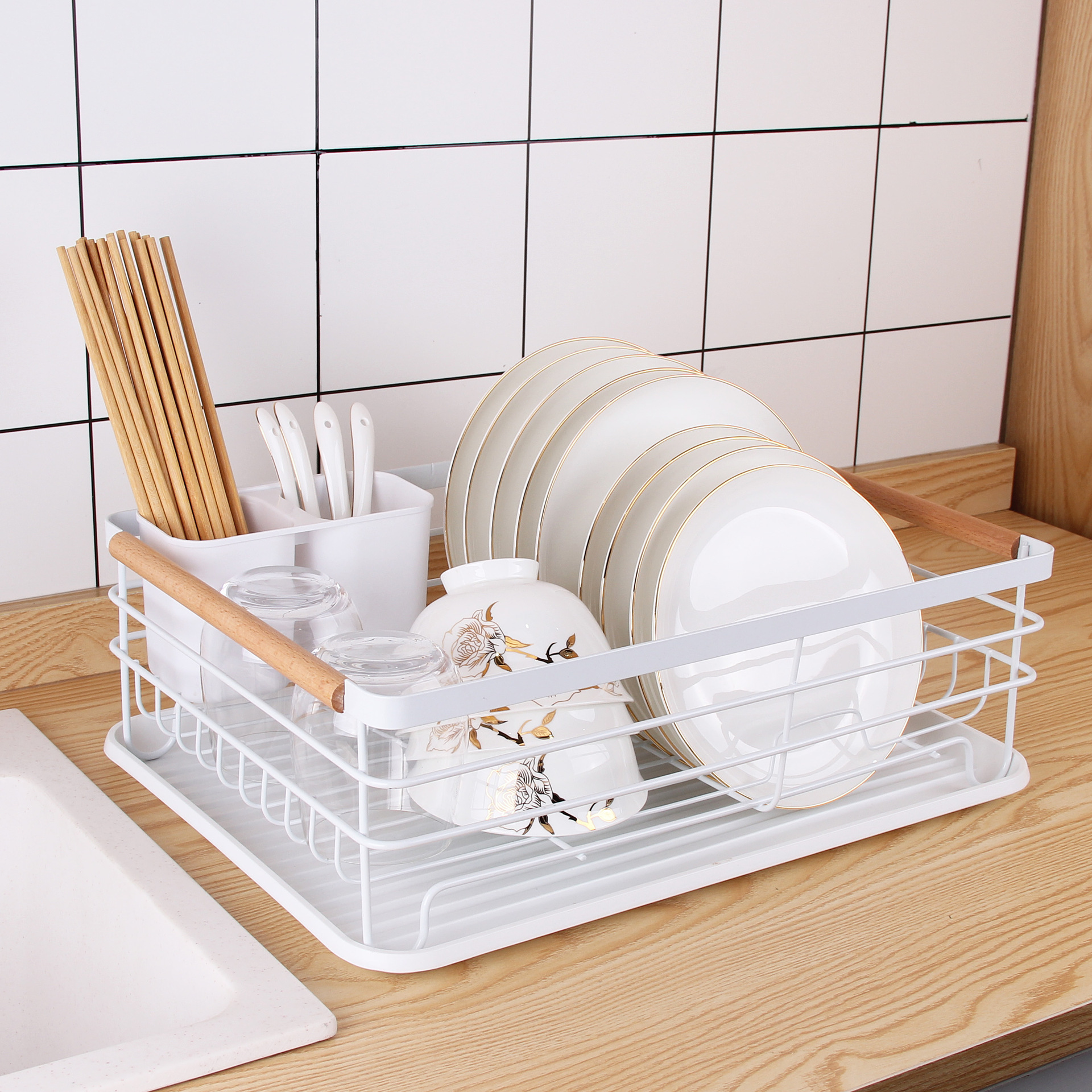 Kitchen Rack Household Countertop Dish Rack Draining Rack Japanese Multi-Functional Double-Layer White Dish Rack