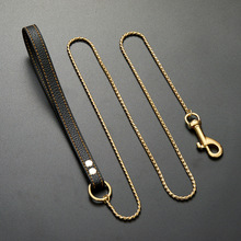 4mm金色不锈钢蛇链牵引绳宠物训练链条焊口链黑皮拉手链长100cm
