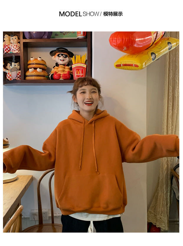 加厚橘色卫衣女2020秋冬季新款韩版宽松连帽外套ins女装一件代发