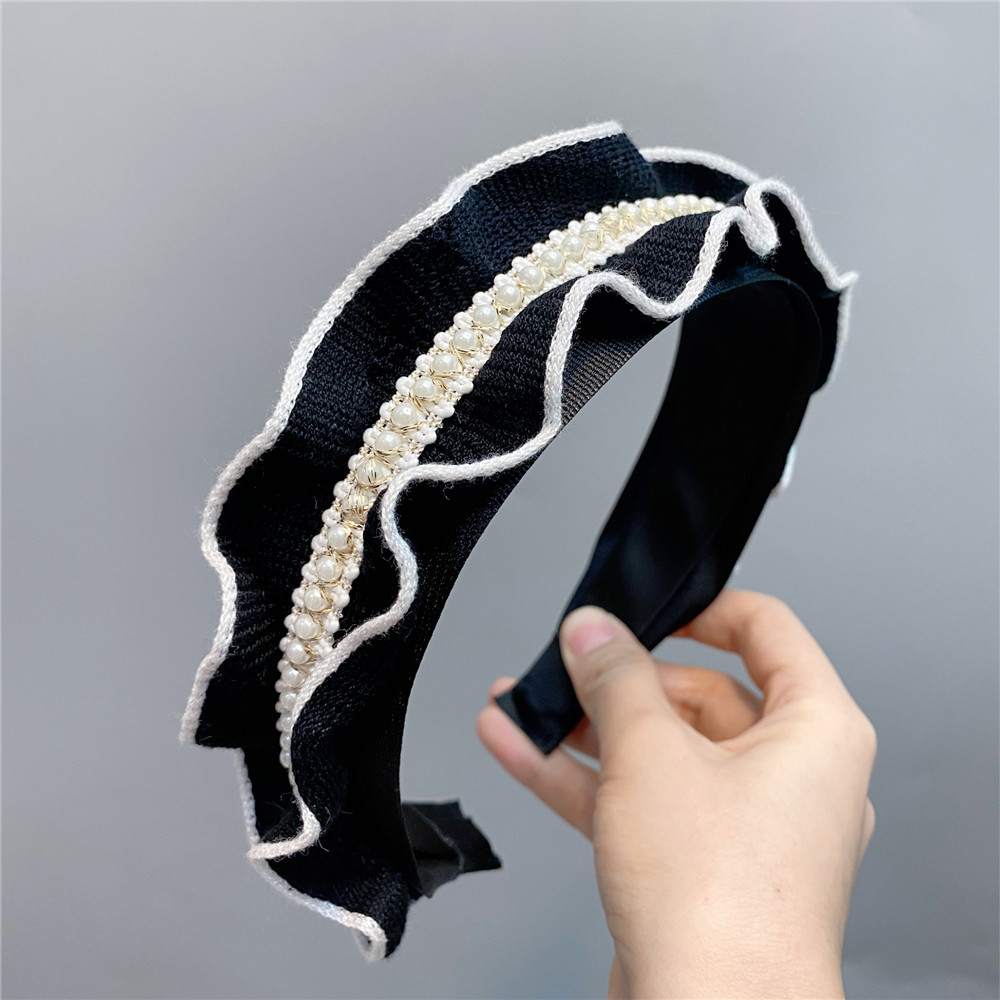 fsb018针织荷叶边珍珠发箍黑色小香风淑女头箍甜美气质韩版发饰